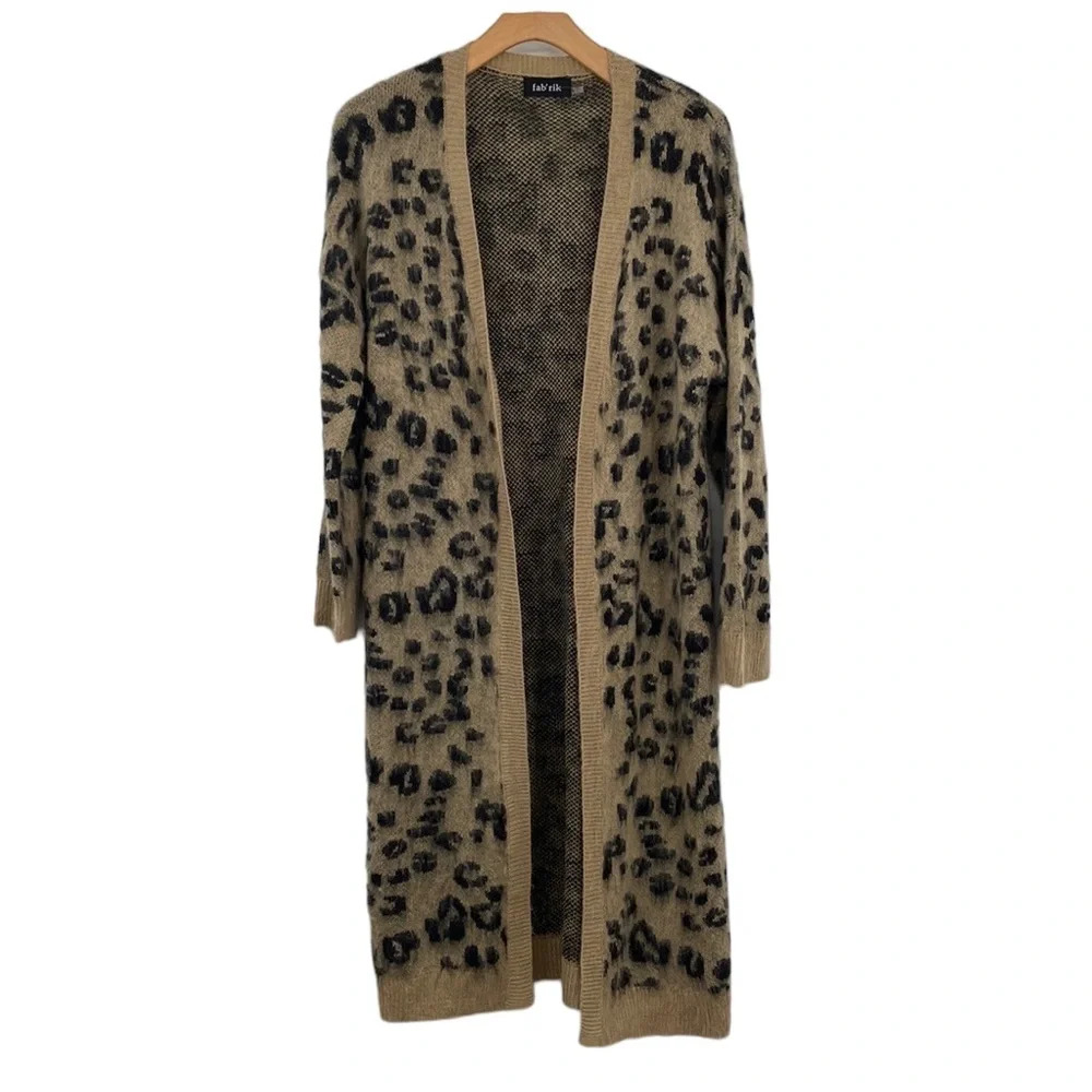 Fab'rik Duster Cardigan Womens Small Tan Black Animal Print Leopard Oversized‎